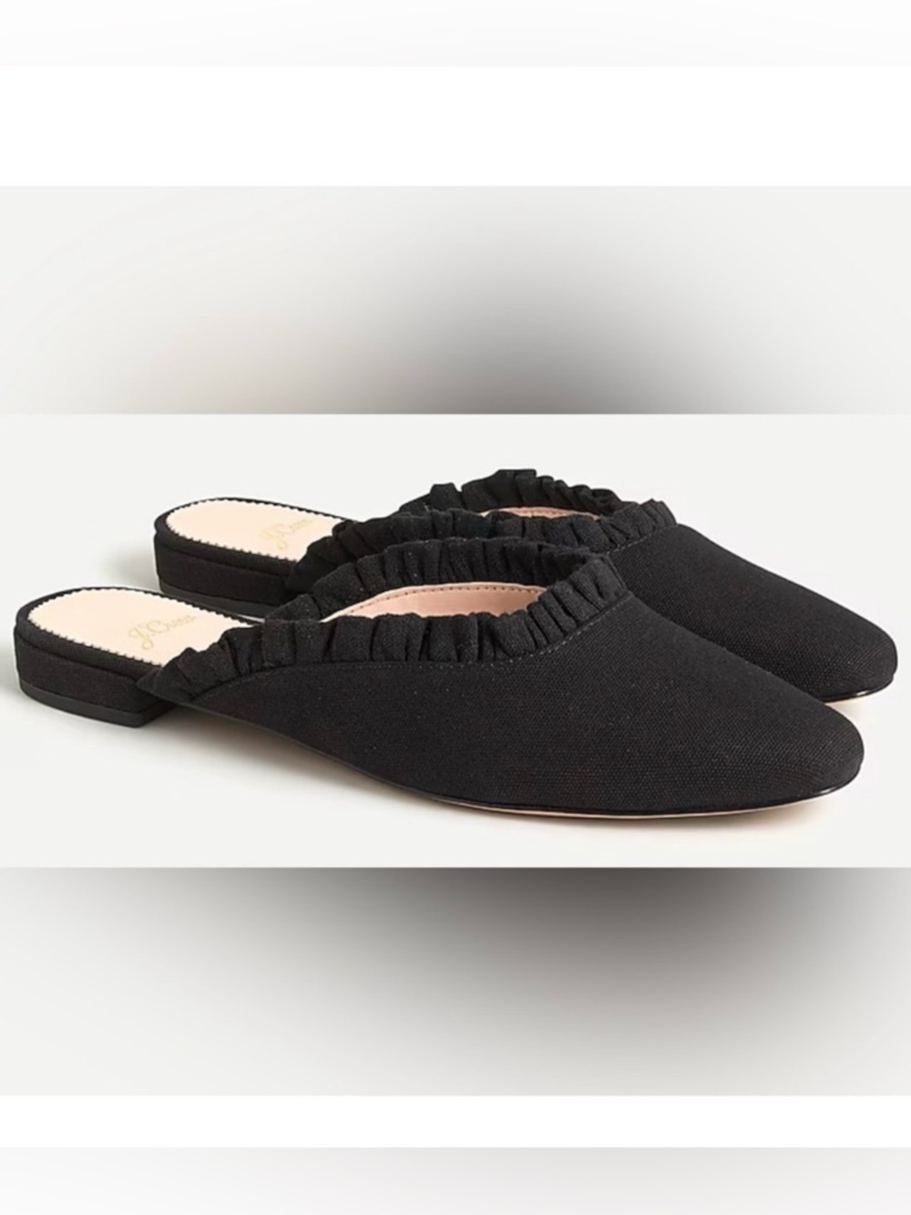 J CREW Black Carolyn mule flats in canvas with ruffle Size 7.5